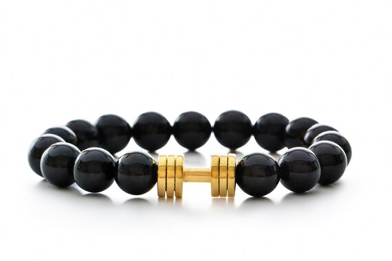 Black Onyx Dumbbell Bracelet 24k Gold Plated Fitness Jewelry Etsy