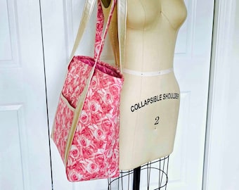 Handmade Quilted Tote Bag: Large Rose Print Cotton Travel Bag