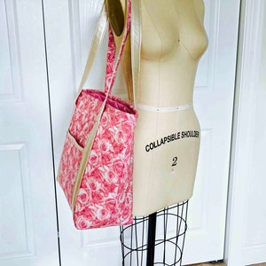 Handmade Quilted Tote Bag: Large Rose Print Cotton Travel Bag