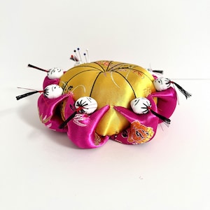 Vintage Silk Pincushion: Eight Lucky People, Handmade Sewing Decor