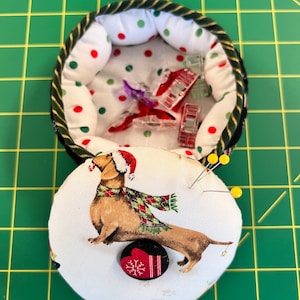 Handmade Christmas Dog Pincushion with Container