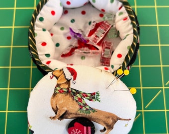 Pincushion; handmade pincushions; pincushion with container; Christmas dog pincushion| BLHandmade