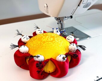 Vintage Silk Pincushion: Eight Little People, Gold 'Fu' Design; lucky charm
