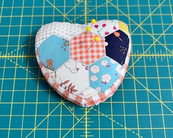 Patchwork Pincushion; handmade pincushions; Love Pincushion; Heart shaped pincushion; Sewing accessories; with crushed walnut shells