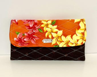 Handmade Hawaiian Bifold Fabric Wallet – 12 Card Slots (Orange)