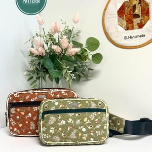 May include: Two quilted fanny packs with floral patterns in brown and green, featuring black zips and adjustable straps. The image includes text that reads "TWO SIZES ARE INCLUDED" and a "PDF SEWING PATTERN" graphic.
