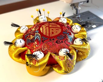 Handmade Silk Pincushion: Eight Little People, Gold Fu Symbol, Lucky Charm, Vintage Pincushion