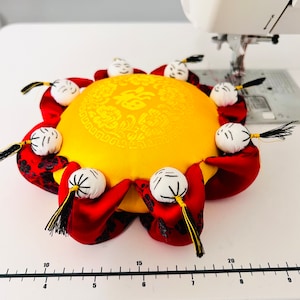 Vintage Silk Pincushion: Eight Little People, Gold &#39;Fu&#39; Design