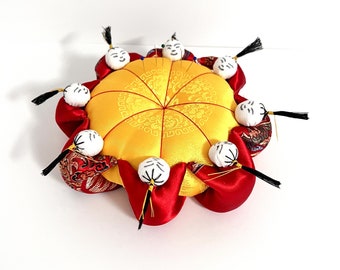 Vintage pincushion, Eight little people vintage pincushion; Silk Pincushion; vintage pincushion