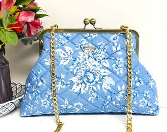 Quilted cotton clutch purse with 8" wide metal frame, www.BLHandmade.com