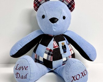 Handmade Patchwork Memory Teddy Bear: Custom Clothing Keepsake