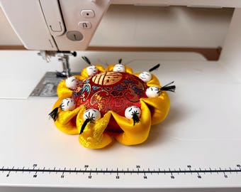 Vintage Silk Pincushion: Eight Little People, Gold 'Fu' Design; lucky charm