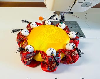 Vintage Silk Pincushion: Eight Little People, Gold 'Fu' or "Xi" Design; lucky charm