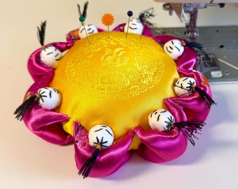 Handmade Silk Pincushion: Eight Little People, Gold Fu Symbol, Lucky Charm, Vintage Pincushion