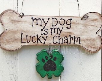 St. Patrick’s Day Door Hanger Dog Shamrock Sign Outdoor St. Paddy’s Yard Sign Four Leaf Clover Sign Dog Door Hanger Lucky Charm Irish Sign