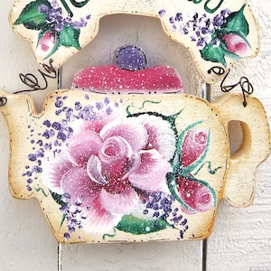 Teapot Wall Hanger Painted Roses Tea Sayings Shabby Chic Teapot Decor Roses Lilacs Pink Lavender Tea For Two Teapot Door Hanger Pink Roses