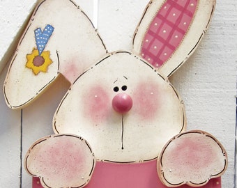 Happy Easter Bunny Yard Sign Wood Bunny Rabbit Yard Stake Outdoor Painted Wood Lawn Decoration Yard Stick Easter Sign Tole Bunny Spring Pink