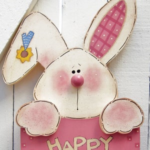 Happy Easter Bunny Yard Sign Wood Bunny Rabbit Yard Stake Outdoor Painted Wood Lawn Decoration Yard Stick Easter Sign Tole Bunny Spring Pink