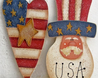 4th of July Plant Pokes Patriotic Americana USA Painted Wood Uncle Sam Plant Sticks Flag Yard Art Garden Decor Lawn Rustic Hearts Stars Tole