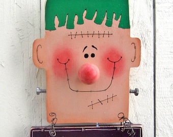 Colgador de puerta de Frankenstein, truco o trato, arte de Halloween para el jardín, decoración de Halloween para el jardín, decoraciones de Halloween para exteriores, madera pintada, otoño de Halloween