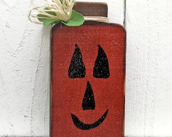 REVERSIBLE Pumpkin Shelf Sitter Primitive Pumpkin Decor Jack O Lantern Decor Halloween Decor Painted Wood Pumpkin Thanksgiving Decor Fall