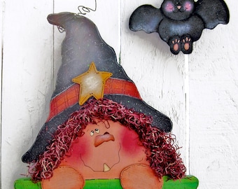 Witch Door Hanger Halloween Decor Witch Decor Bat Decor Outdoor Halloween Yard Art Painted Wood Witch Door Decor Halloween Yard Sign Wall