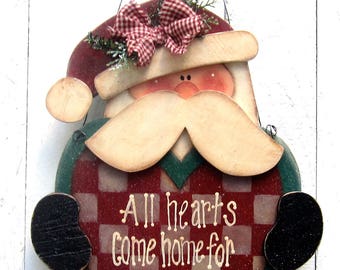 Santa Door Hanger Santa Door Decor Painted Wood Heart Outdoor Christmas Decorations Santa Decor Santa Yard Sign Santa Door Sign Primitive