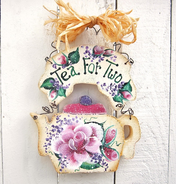 Teapot Wall Hanger Painted Roses Tea Sayings Shabby Chic Teapot Decor Roses Lilacs Pink Lavender Tea For Two Teapot Door Hanger Pink Roses