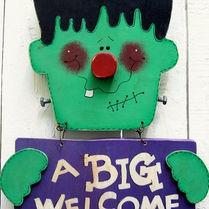 Frankenstein Door Hanger Halloween Yard Sign Welcome Sign Outdoor Frankenstein Decor Halloween Decor Painted Wood Yard Art Yard Decor Lawn image 2