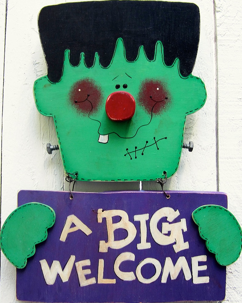 Frankenstein Door Hanger Halloween Yard Sign Welcome Sign Outdoor Frankenstein Decor Halloween Decor Painted Wood Yard Art Yard Decor Lawn image 2