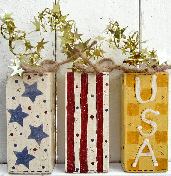 4th of July firecrackers set of 3 wood Stars and Stripes USA red white blue decor Americana decor patriotic decoration flag decor USA decor