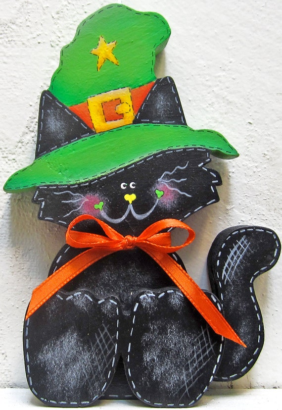Medium Size Halloween Black Cat Witch Hat Mantle Decor Table Etsy