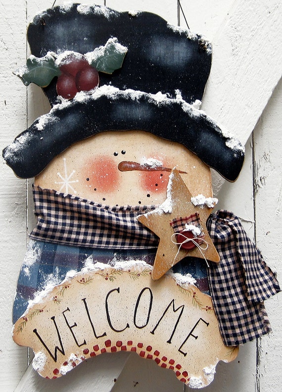 Snowman Door Hanger Snowman Christmas Outdoor Primitive Country Painted Wood Winter Hanger Tole Wood Snowman Yard Sign Snowman Yard Art