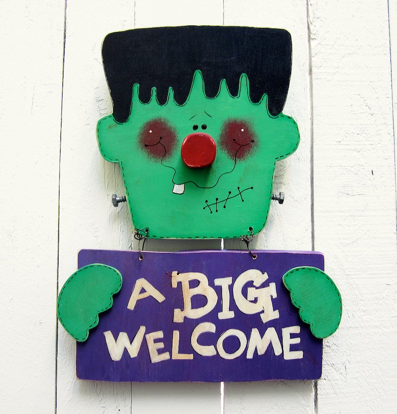 Frankenstein Door Hanger Halloween Yard Sign Welcome Sign Outdoor Frankenstein Decor Halloween Decor Painted Wood Yard Art Yard Decor Lawn image 1