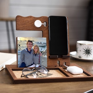 5 year anniversary gift for Boyfriend Husband Wife Nightstand organizer wood Accessories for Vanities Valet tray with Photo parents men