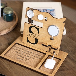 Apple Charging Station Organizer iPhone, Personalized iPhone Charging Station for Apple Watch, Bedside Phone Stand, Gadget Gift for Men Wood