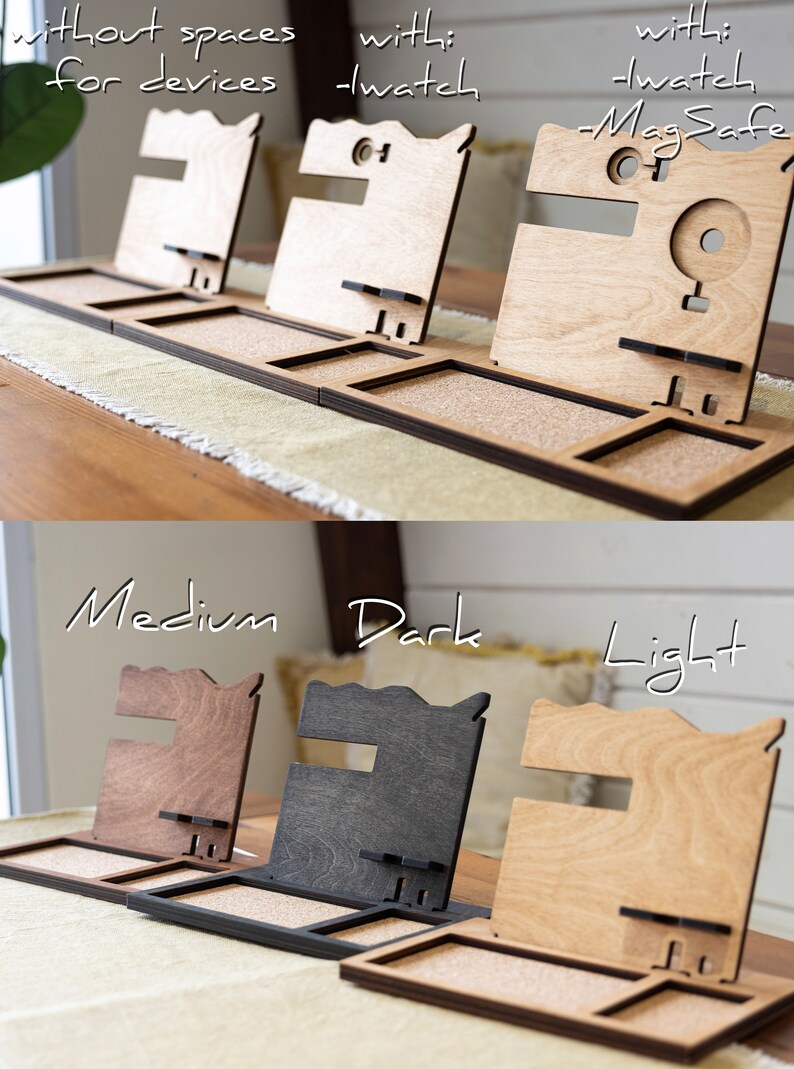 May include: Three wooden phone stands with different features. The stand on the left has no extra features, the middle stand has a watch holder, and the stand on the right has a watch holder and a MagSafe charger. The bottom row shows three different wood finishes: medium, dark, and light.
