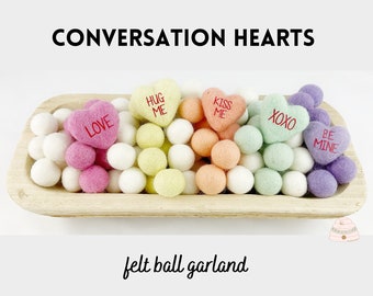 Candy Heart Felt Ball Garland, Valentine's Day Banner, Cute Valentine Decor, Conversation Hearts, Pastel Decoration, Pom Pom , Free Shipping