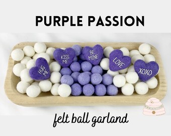 Valentine's Day Felt Ball Garland,  Purple Hearts With White And Lilac Felt Falls, Fireplace Mantel, Mirror Decor, Conversation Hearts, Love