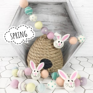 Easter Felt Ball Garland Bunnies and Pastel Wool Felt Balls,  Spring Felt Ball Garland