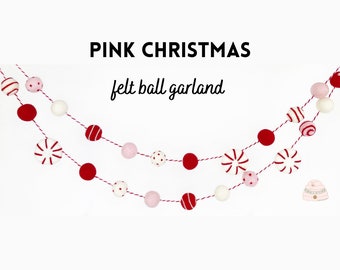 Pink Christmas Felt Ball Garland, Peppermint Holiday Mantel Decoration, Eco Friendly Tree Garland Pink & Red Christmas Seasonal Decor