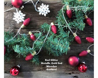 Red Glitter Wooden Garland|FREE SHIPPING|Christmas Decor|Holiday|Glitter Garland|Glitter Wooden Garland|Christmas Tree Decoration|Mantel