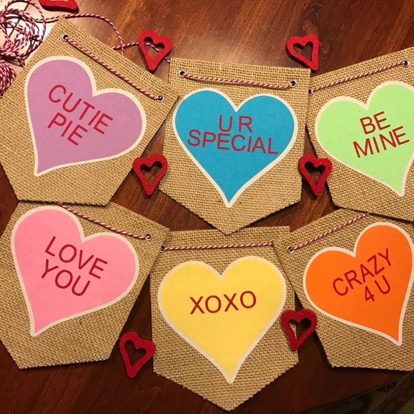 Ready to ship !  Valentine's Day Decoration, Conversation Hearts Banner, Valentine's Day Burlap Banner, Love Burlap Banner, Heart Banner