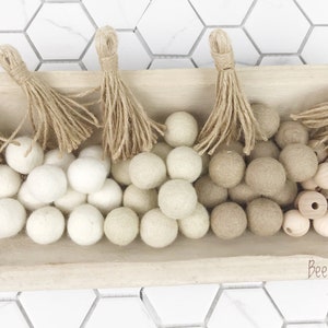 Felt Ball Garland, Tassels, Neutral Colors, Farmhouse Decor, Barn Wedding Decoration, Baby Shower Decoration,  Rustic Decor,