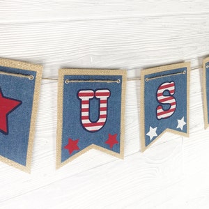 Fourth of July Decoration, 4th of July  Burlap Banner, USA Banner, Patriotic Decoration, Memorial Day,  Burlap and Denim Banner