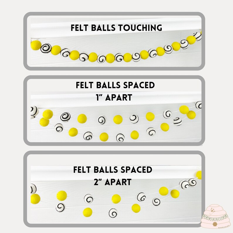 May include: Three images showing different spacing options for a felt ball garland. The garland is made with yellow felt balls and white felt balls with a black swirl design. The first image shows the balls touching. The second image shows the balls spaced 1 inch apart. The third image shows the balls spaced 2 inches apart.