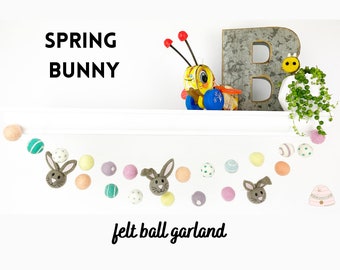 Bunny Wool Felt Ball Garland, Easter Springtime Cute Pastel Rainbow Pom Pom Decor, Mantel, Nursery, Mirror, Baby Shower, Fast Free Shipping