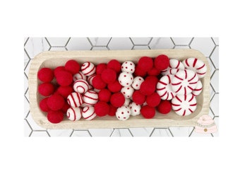 Peppermint Felt Ball Garland, Christmas Pom Pom Garland, Red and White Holiday Garland, Tier Tray, Coffee, Hot Cocoa Bar Decor, Mantel Decor