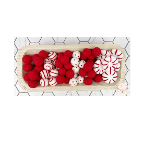 Peppermint Felt Ball Garland, Christmas Pom Pom Garland, Red and White Holiday Garland, Tier Tray, Coffee, Hot Cocoa Bar Decor, Mantel Decor