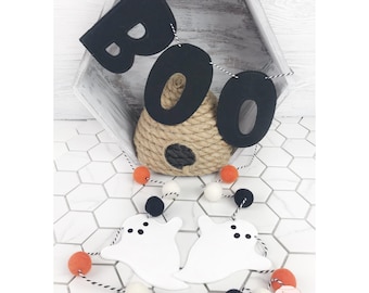 Halloween Decor, Ghost Pom Pom Garland, BOO Felt Ball Garland, Halloween Birthday Party Decor, Halloween Wall Decor, Cute Halloween Decor